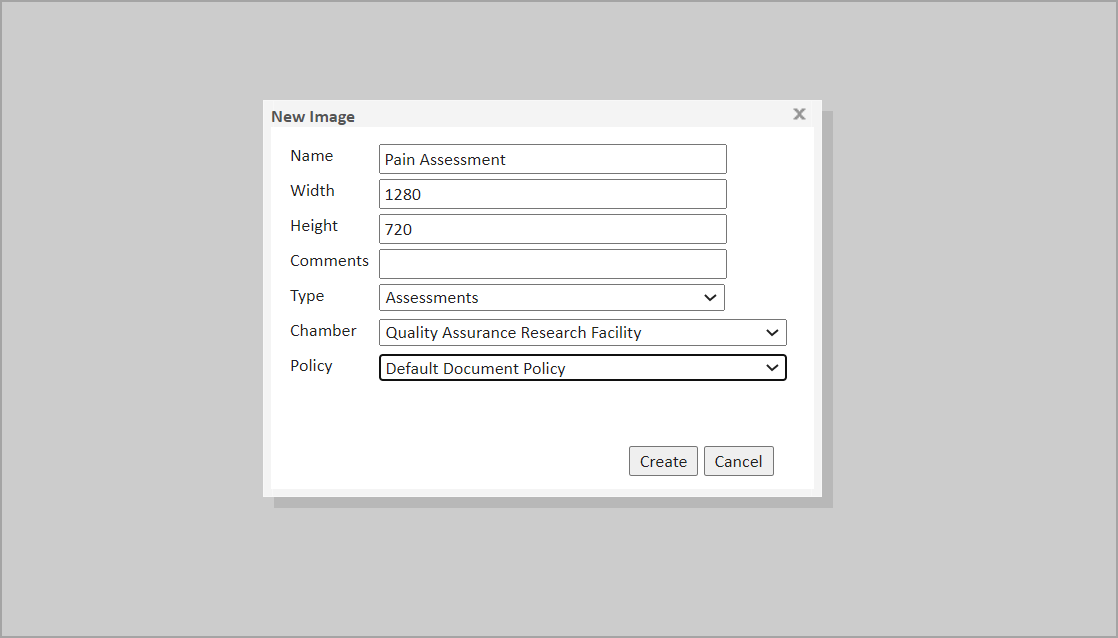 The 'New Image' dialog presented with values recorded for Name, Width, and Height