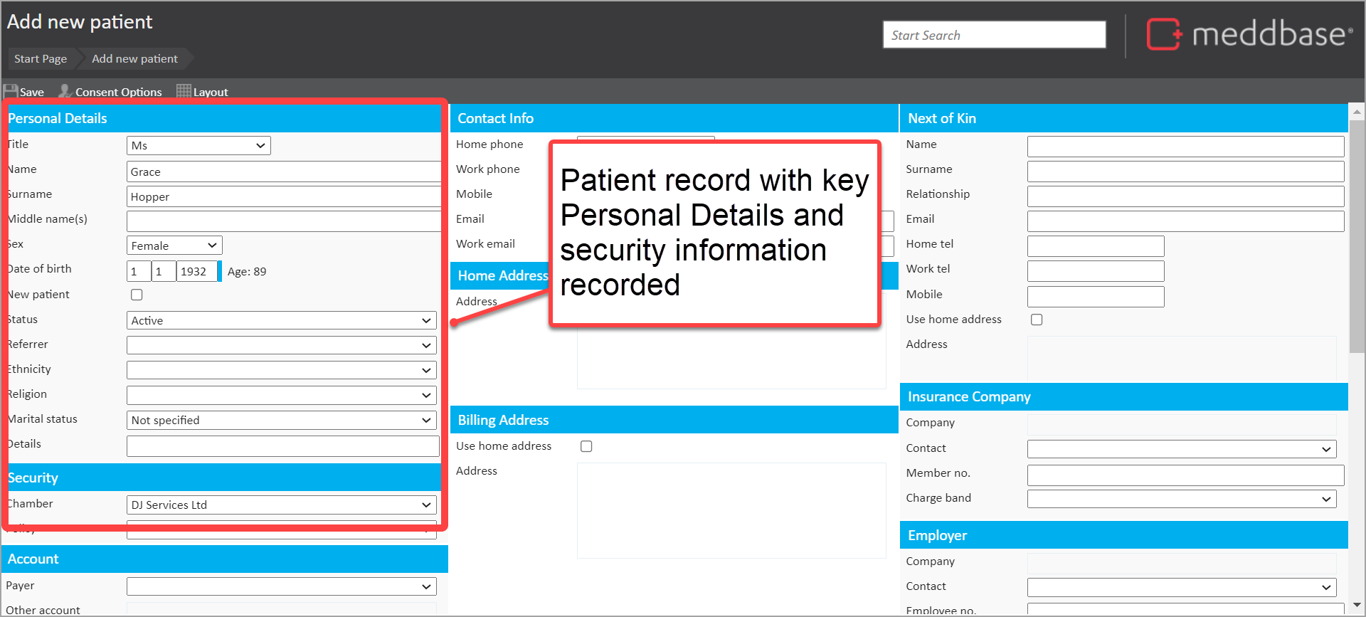 Add new patient record screen with Personal details and security information recorded