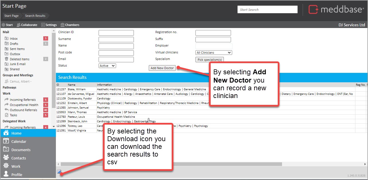 Clincian search - annotated description for add new doctor and download csv