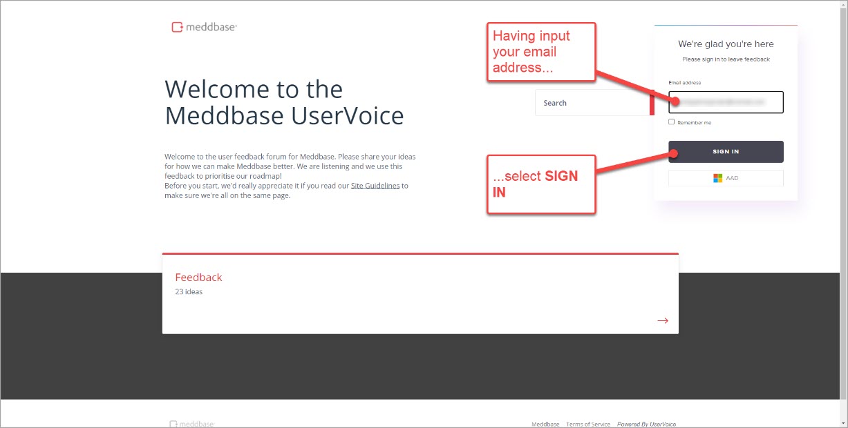 1_-_Welcome_to_Meddbase_UserVoice_page_-_annotated_to_identify_email_and_sign-up_features.jpg