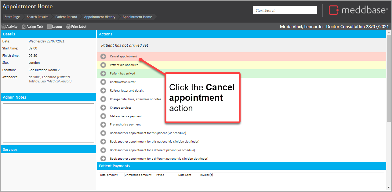Appointment_home_page_with_annotation_noting_the_cancel_appointment_action