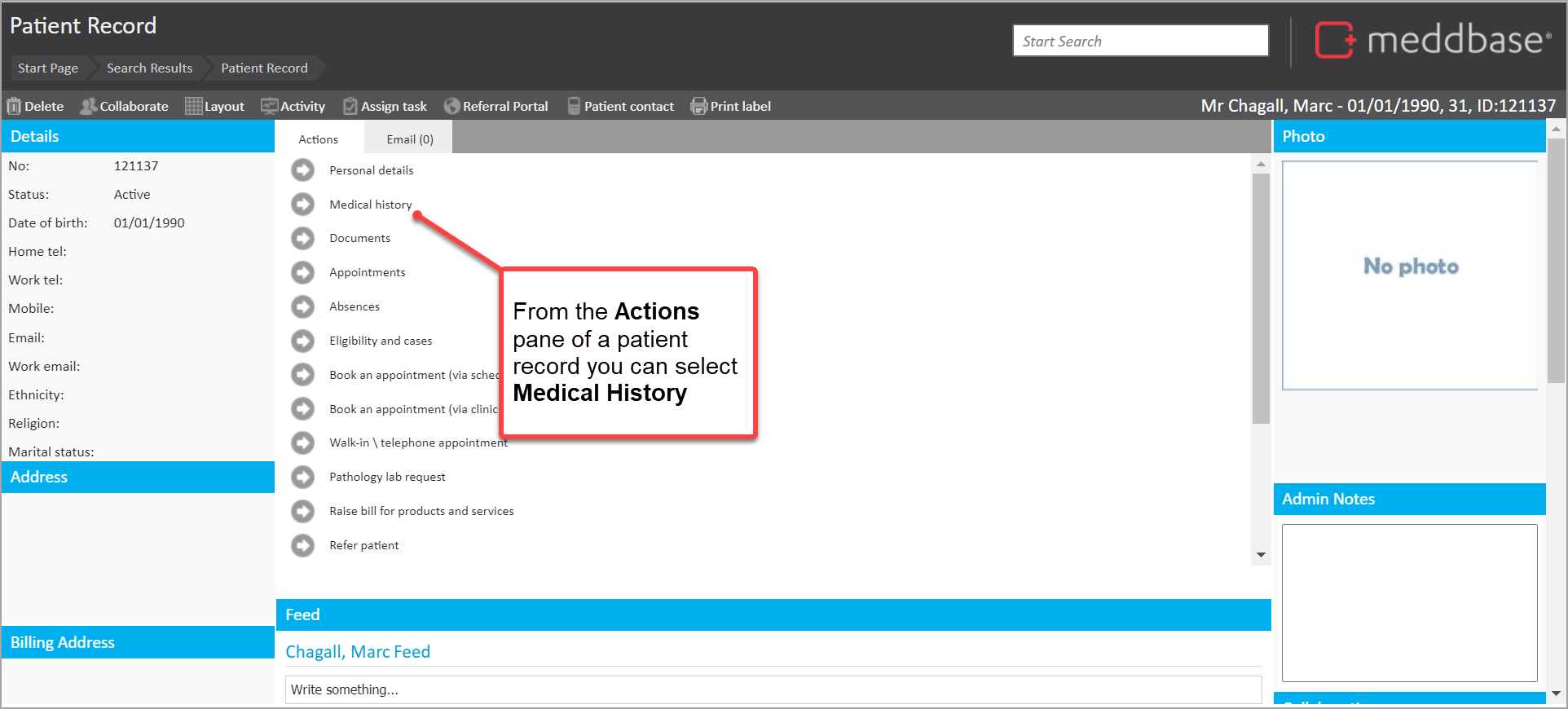 1_-_Patient_record_displayed_with_annotation_drawing_attention_to_Medical_History_option_in_Actions_panel.png