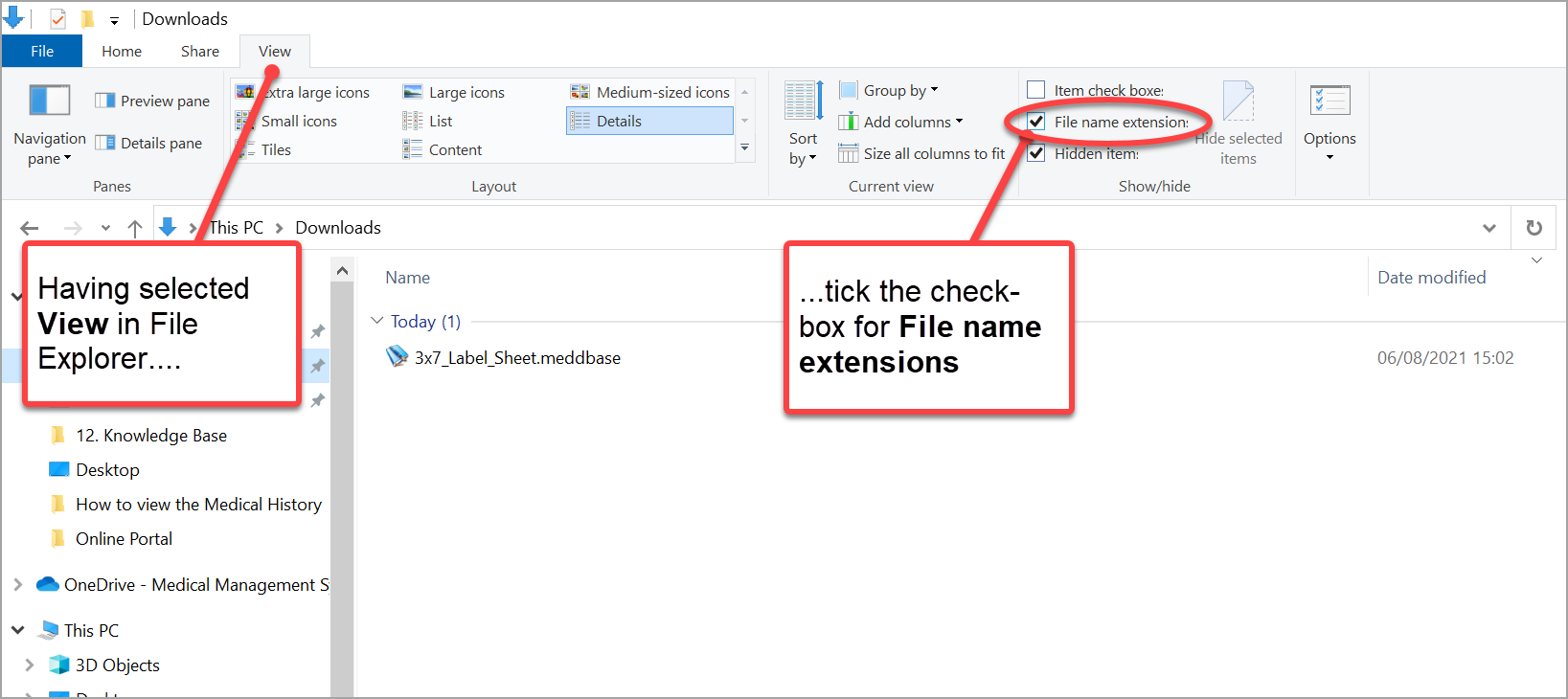 File Explorer window displaying View tab with annotations to advise on ticking file name extensions check-box