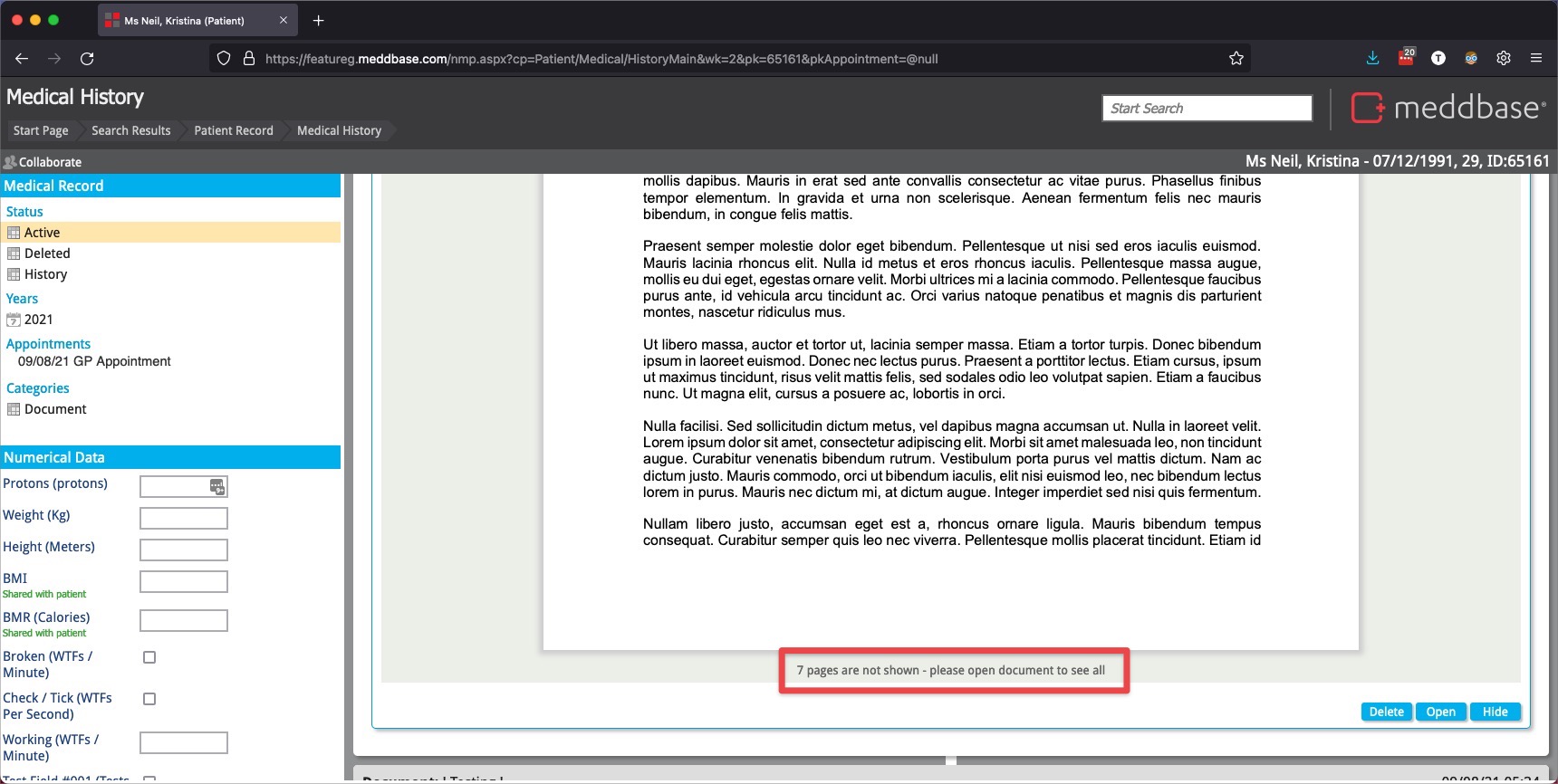 Bottom of pdf preview in Medical History with annotation highlighting text that a certain number of pages are shown