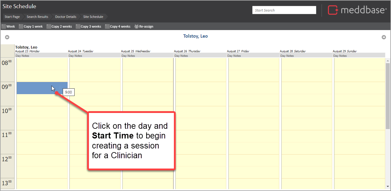 4_-_Site_Schedule_for_the_week_for_a_Clinician_-_No_sessions_created_-_annotation_with_call_to_action_to_create_session