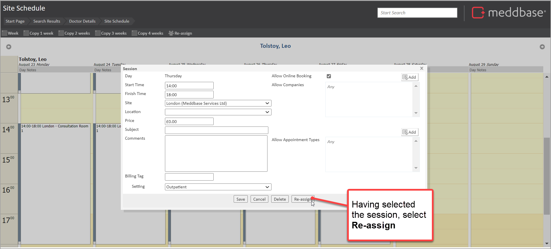 Existing session displayed on screen with annotation drawing attention to the re-assign button