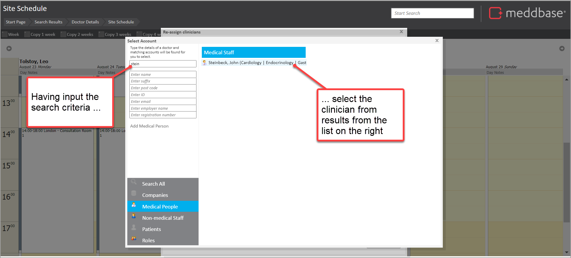 Select account dialog displayed with search criteria and results - including annotations describing search and selection