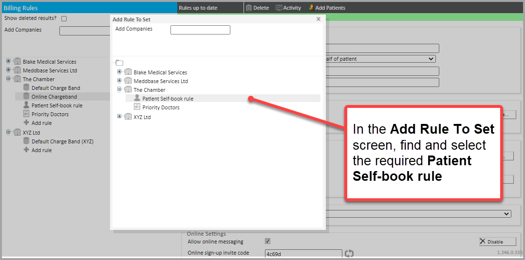 Add rule to set dialog with the Patient Self Book Rule selected