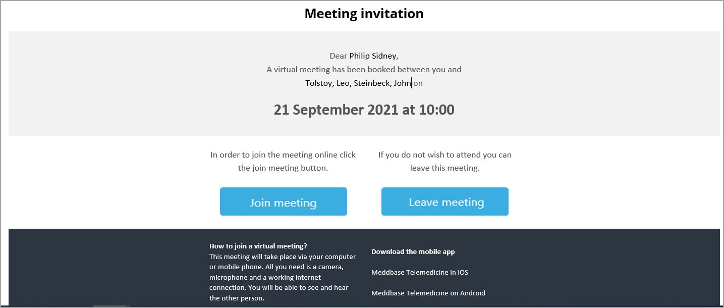 Example of invitation email sent out for online booking
