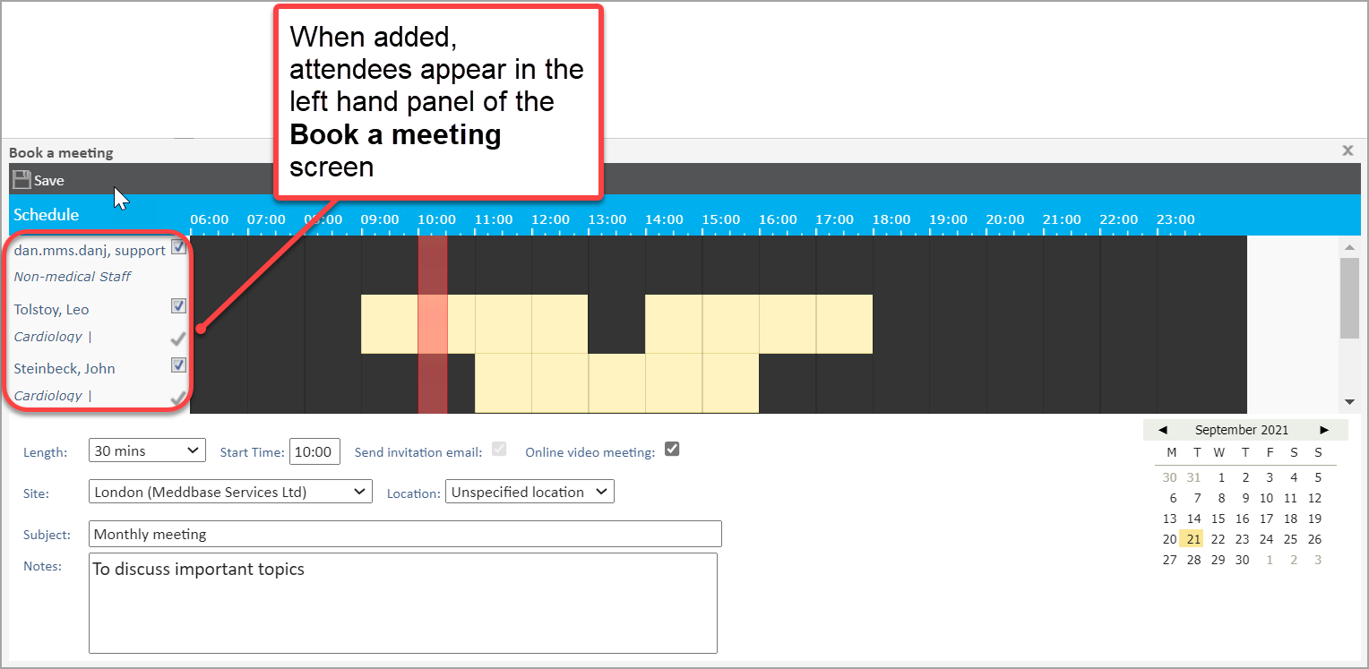 Booking a meeting screen with annotation noting added attendees