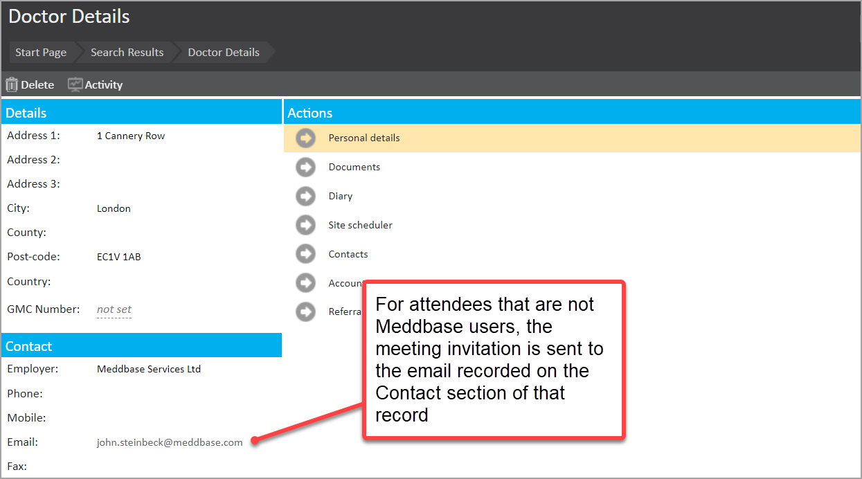 Clinician record with annotation noting that email invitation sent to contact email address