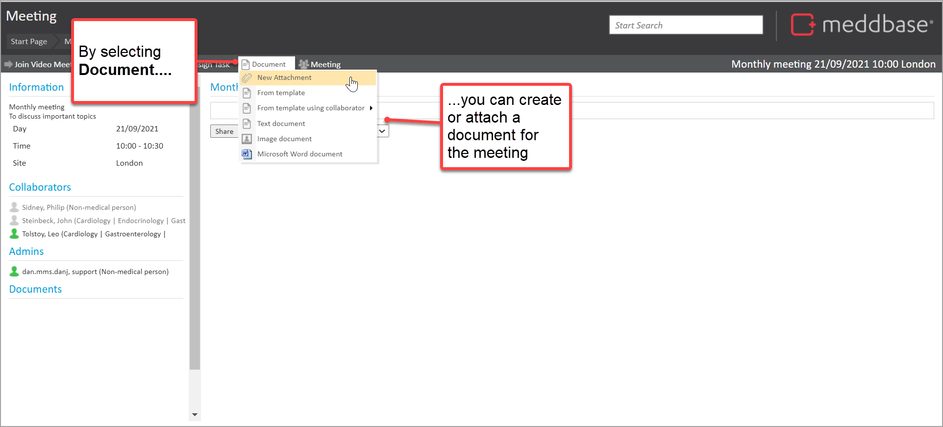 Viewing meeting and selecting document to display a menu of document related options