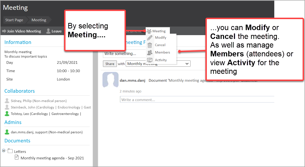 Viewing meeting and select meeting to show menu options to modify - cancel - view members - view activity