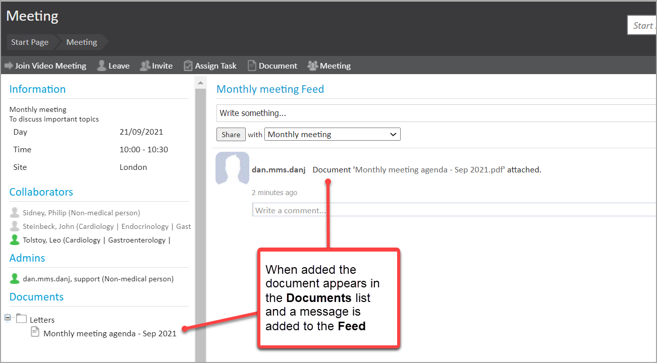 Viewing meeting - document appearing in Documents list and with an update in meeting feed