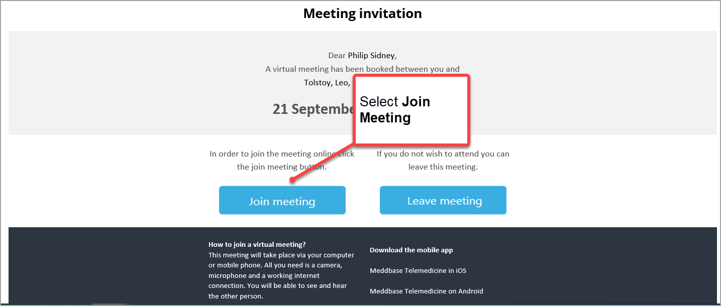 Example of invitation email sent out for online booking