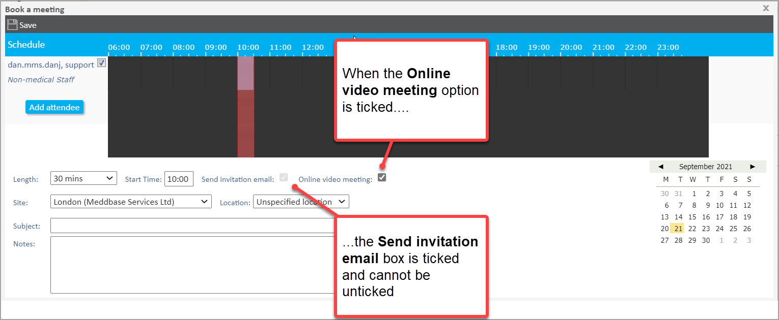 Book a meeting window - annotations to explain when online video meeting ticked - send invitation email box ticked and greyed out