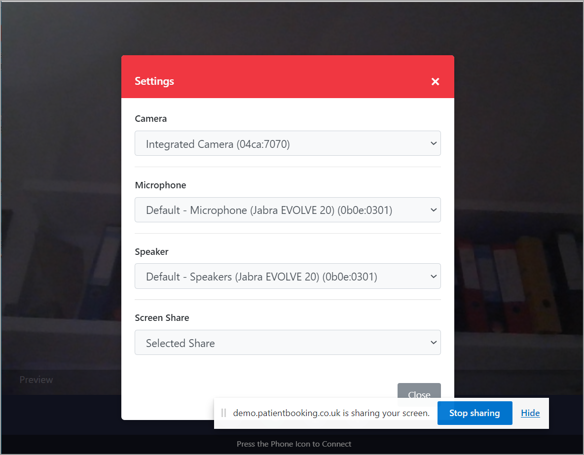 Video call - settings page with options selected for camera - mic - speaker