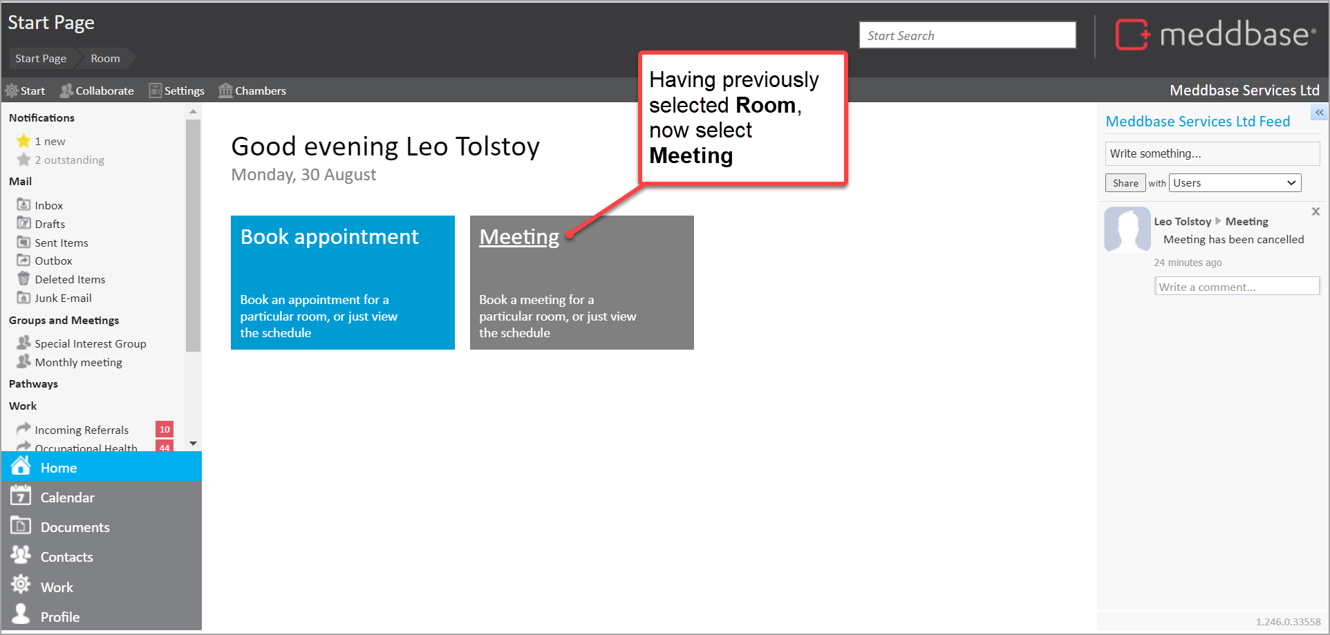 Room section in Meddbase application with annotation for selection of meeting tile to book a meeting