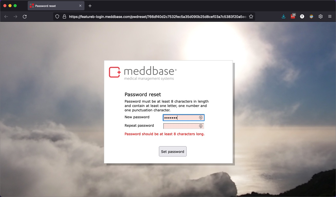 Reset Password Page - Error message, password requirements